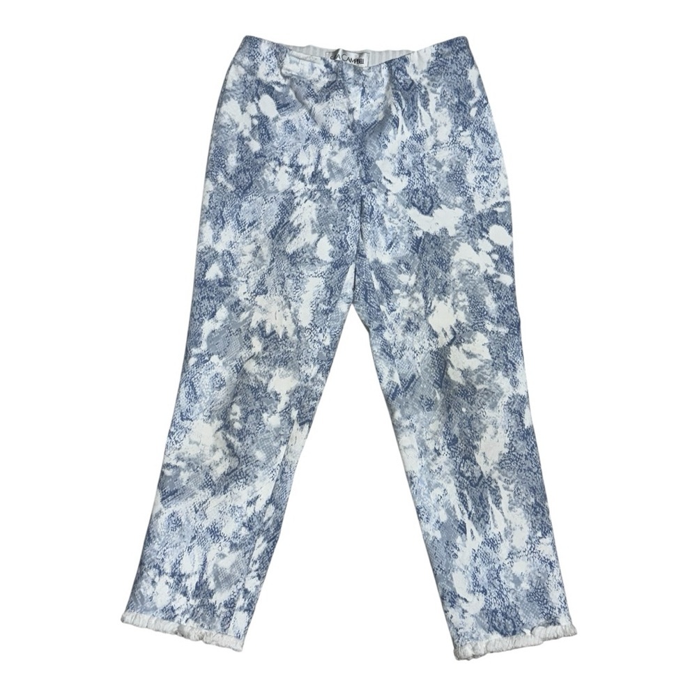 Sara Campbell Blue White Abstract Print Crop Pants Fringe Hem Size 6